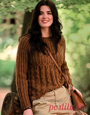 Пуловер реглан с узором из «кос» и резинки — Shpulya.com - схемы с описанием для вязания спицами и крючком