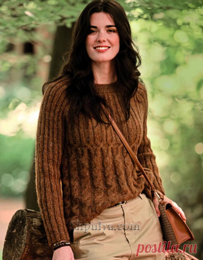 Пуловер реглан с узором из «кос» и резинки — Shpulya.com - схемы с описанием для вязания спицами и крючком