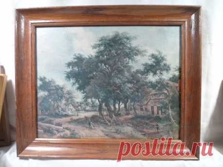 mid century solid oak picture frame, rural scene, 11 by 14 in. # 2100 | eBay