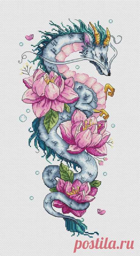 Dragon in Lilies, Cross stitch Dragon, flowers, eastern dragon