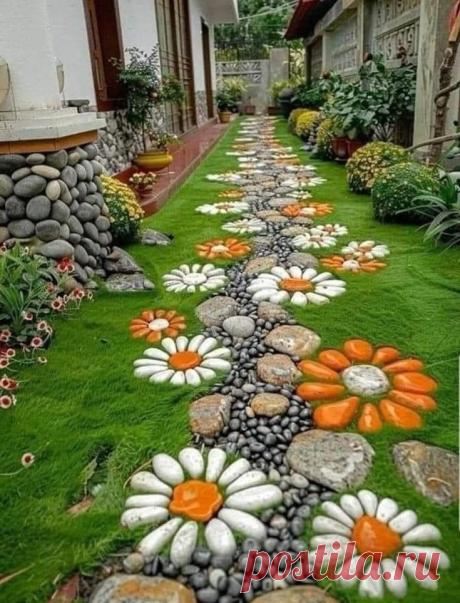 Backyard landscaping inspiration | Colorful garden path ideas, Diy stone garden decor, A garden