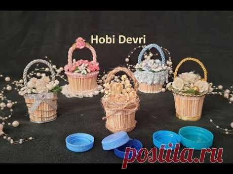 DIY,Making Basket with Plastic Bottles Cap and Matches,Wedding Favors, Mavi Kapaklardan Sepet Yapımı