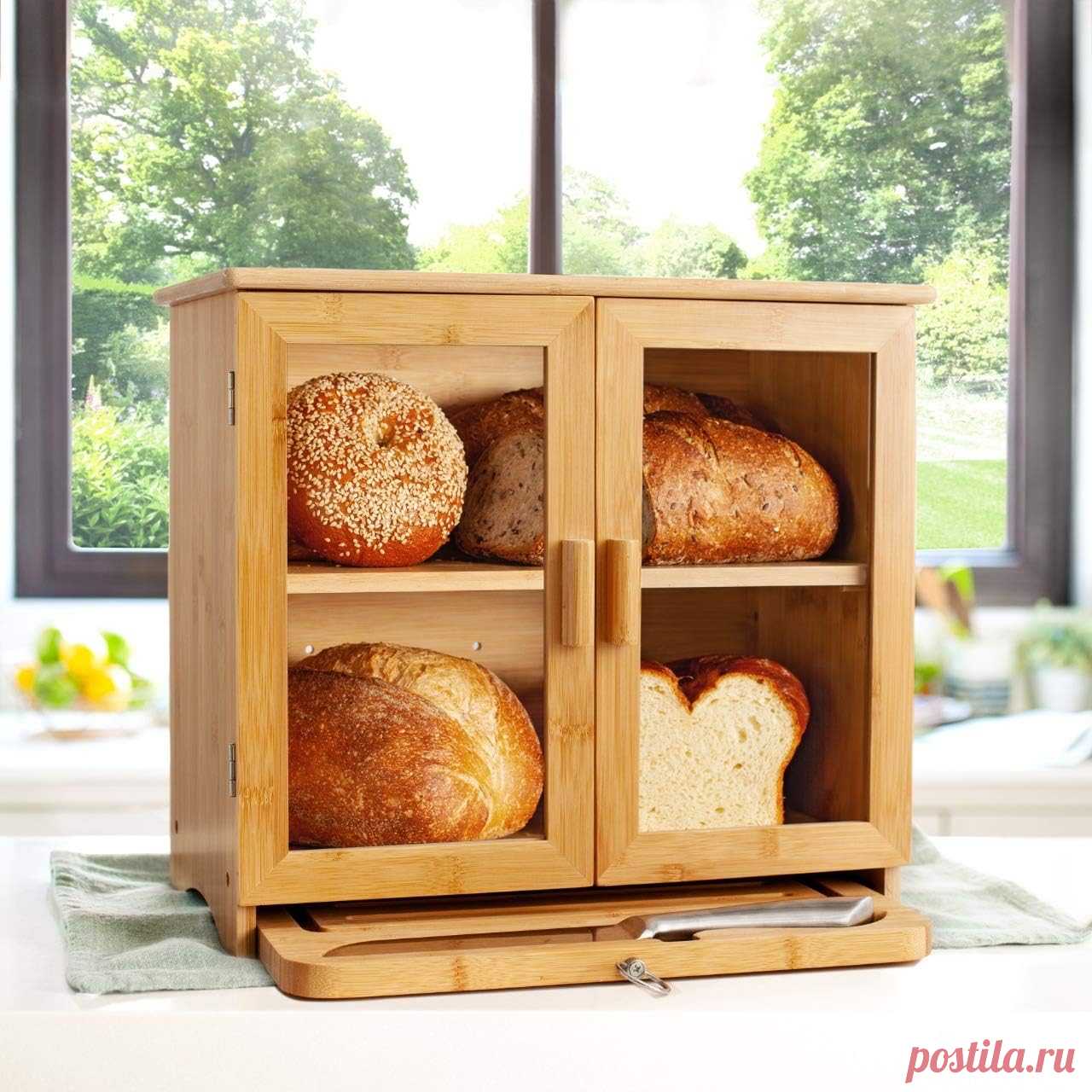 Amazon.com: Laura's Green Kitchen Bamboo Bread Box Set with Cutting Board & Knife - Large Countertop Storage, Farmhouse Style Cabinet, Clear Glass Doors, Smooth Wood Panels - Holds 2 Big Loaves, (Self-Assembly): Home & Kitchen