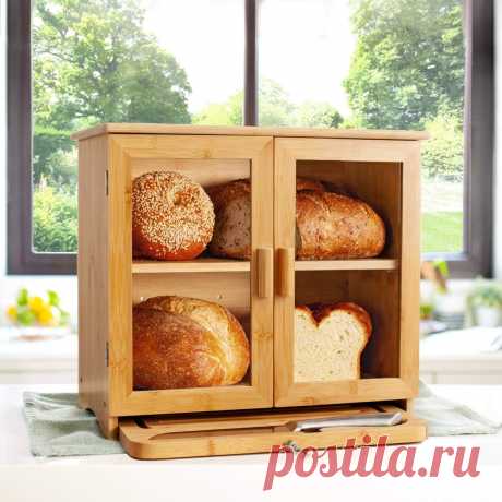 Amazon.com: Laura's Green Kitchen Bamboo Bread Box Set with Cutting Board & Knife - Large Countertop Storage, Farmhouse Style Cabinet, Clear Glass Doors, Smooth Wood Panels - Holds 2 Big Loaves, (Self-Assembly): Home & Kitchen