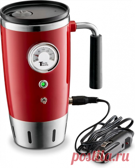 Amazon.com: Tech Tools Heated Car Travel Mug - Keeps Your Bevrege Hot - Retro Style - Stainless Steel 12 Volts (Red) : Home & Kitchen