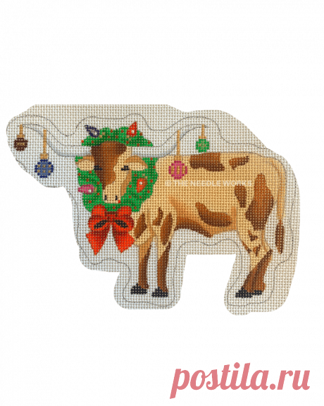 Longhorn with Wreath – The Needle Works Christmas longhorn needlepoint canvas