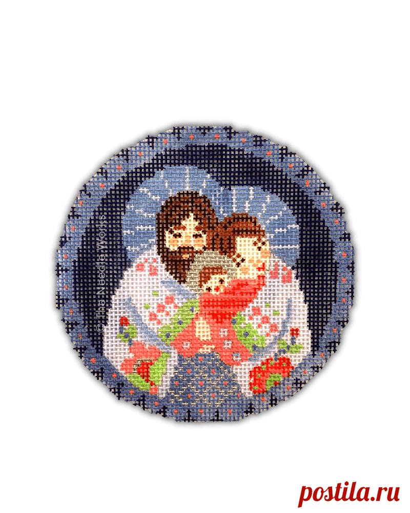 AC Nativity Round Orn-Lav/Rose – The Needle Works 4″ round featuring Mary, Joseph, and Baby Jesus. Lilac purple and rose colored motifs. 18 mesh by Abigail Cecile.