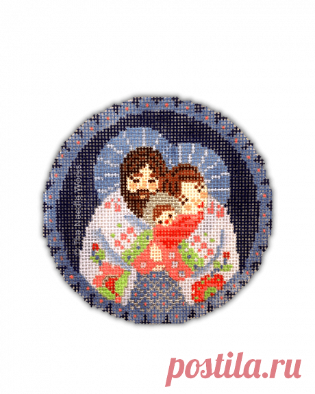 AC Nativity Round Orn-Lav/Rose – The Needle Works 4″ round featuring Mary, Joseph, and Baby Jesus. Lilac purple and rose colored motifs. 18 mesh by Abigail Cecile.