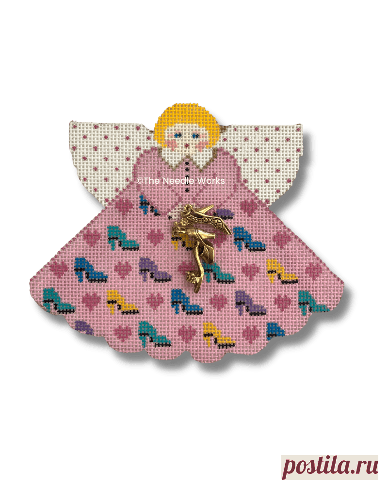 Shoes Angel – The Needle Works 5.25″ pink angel w/ colored high heels on the dress. x3 golden high heel charms attached at center. 18 mesh.