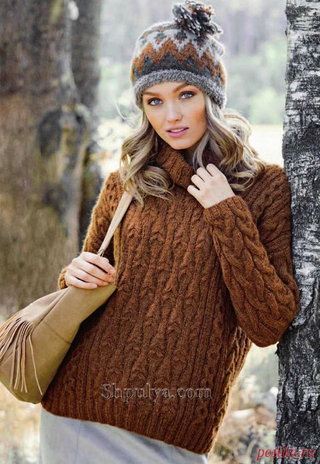 Коричневый свитер и шапка с жаккардовым узором Описание вязания свитера и шапки жаккардом