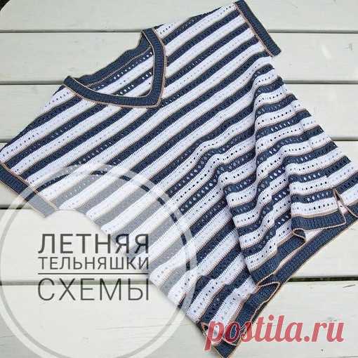 ​Летняя тельняшка крючком Летняя тельняшка крючкомАвтор: juliet_73 Основной узор повторять со 2 по 9 ряд Пряжа Анна 16 с добавлением золотистого Tulip Крючок 2 и 1,5 для Tulip