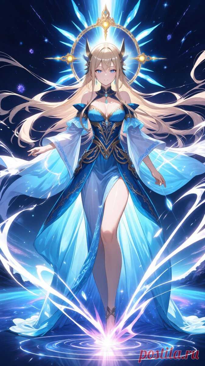 Эфирная волшебница в небесной мантии: иллюстрация с магической энергией и арканами. Изображение из нейросети Qwen Ai Images - Qwen Images примеры промтов - Форум ИИ о нейросетях - Yes Ai