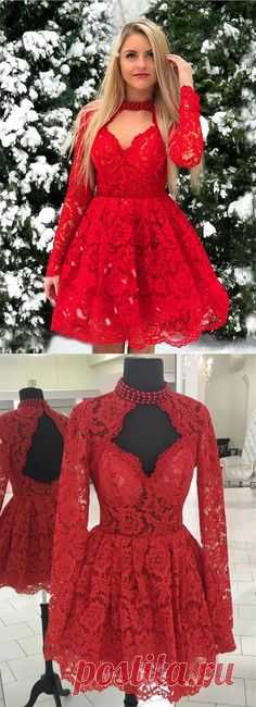 vintage a line red lace short homecoming dresses, chic long sleeves semi formal dress for jnior, cheap hoco dress