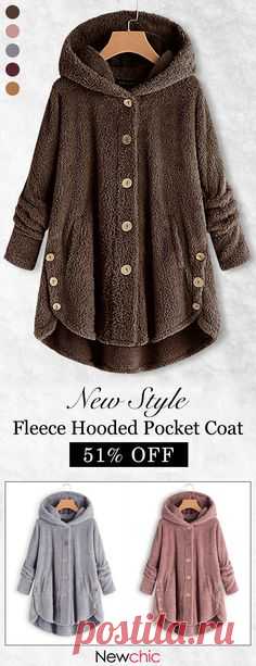 Fleece Hooded Asymmetrical Hem Button Coat. Shop now!