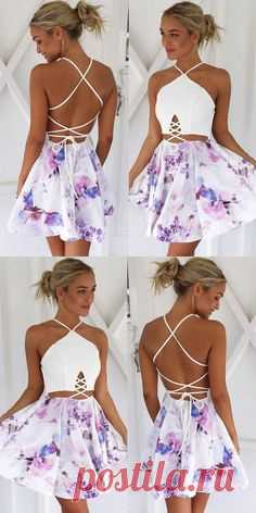 chic white floral short homecoming dresses, cheap printed summer skirts , fashion lace up back short hoco dress #homecoming