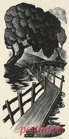 Clare Leighton. The Footbridge.   Wood engraving illustration from Under the Greenwood Tree by Thomas Hardy.