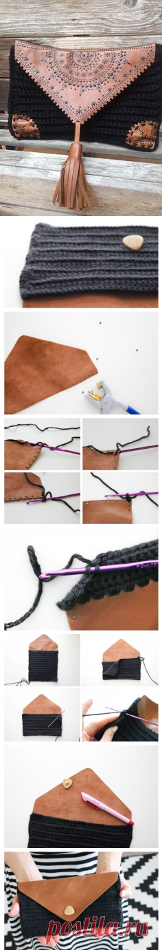 Cool DIY Crocheted Leather Flap Clutch | DIY & Crafts | Diy crochet, Crochet and Leather