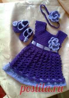 Baby Dress , Headband and Booties in  purple lavender ,  Baby Clothes, baby frock, Infant Clothes, Crochet Baby Dress, take home clothes