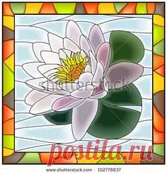 Vector illustration of flower white water lily stained glass window with frame.