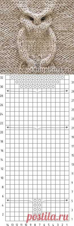 Планета Вязания | Узор Сова спицами. Подробное описание и схема вязания узора.