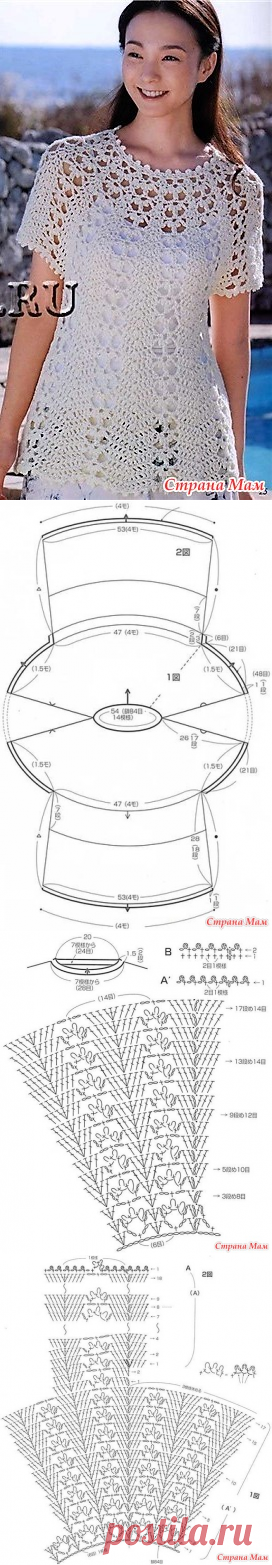 . Белая ажурная туника с круглой кокеткой. - Все в ажуре... (вязание крючком) - Страна Мам