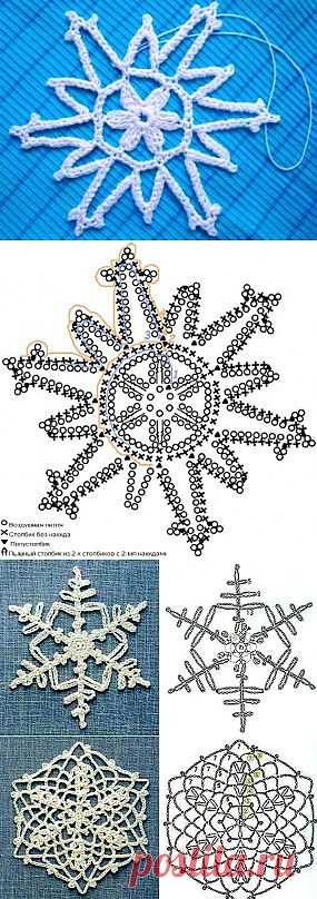 Схема снежинок, для вязки крючком. Они могут пригодится как  самостоятельно и  для  элементов для изготовления скатерти, подушек.