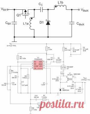 Сканти Рус: Texas Instruments.
Так же, как и преобразователи DC/DC с топологией SEPIC, преобразователи с топологией ZETA обеспечивают положительное выходное напряжение при входном напряжении, изменяющемся как выше, так и ниже входного. Преобразователь ZETA также требует двух индуктивностей и последовательного конденсатора, иногда называемого