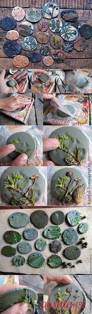 глиняный кулончик с отпечатками растений - Ярмарка Мастеров - ручная работа, handmade