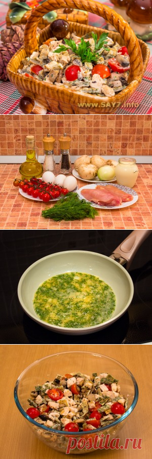 Салат с запеченным куриным филе, блинчиками и грибами - Антрекот - большая кулинарная книга