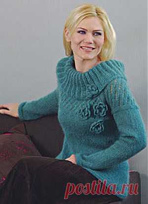 Бирюзовый пуловер, связанный спицами/Пуловеры. Жакеты. Джемперы. Кофточки. Блузки. Свитера/Вязание/Статьи / Шитье, вязание, рукоделие, бисероплетение