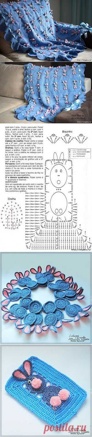 Плед с зайками - вязание крючком.