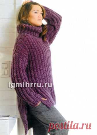 Бордово-фиолетовый свитер-унисекс крупной вязки. Вязание спицами
