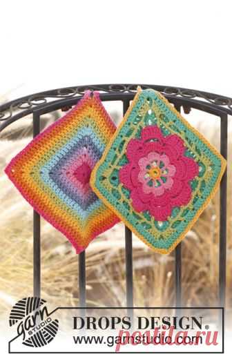 Kitchen Wiz / DROPS 139-35 - Free crochet patterns by DROPS Design Set consists of: Crochet DROPS pot holder with flower in “Paris” and Pot holder with stripes in “Paris”.