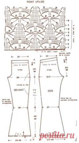 Красивый женский брючный костюм (брюки и топ) выполнен крючком красивым ажурным узором. Схема-выкройка  вязания брюк крючком.…