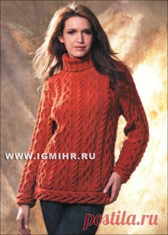 Классический красный свитер со жгутами и косами. Спицы