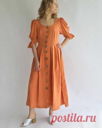 Tangerine linen dress with puff sleeves. Sold✨