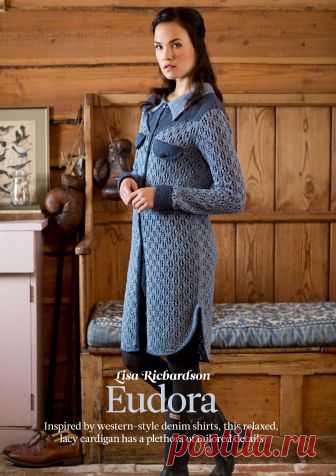 Ажурный длинный кардиган Eudora Вязание кардигана Eudora, The Knitter 79. При вязании кардигана используется ажурный узор для основного полотна, который хорошо контрастирует с гладкими кокеткой, манжетами и планками, выполненными более темным оттенком голубого