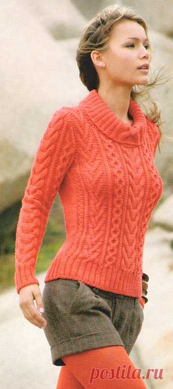 Коралловый пуловер в технике ирландского вязания - Портал рукоделия и моды