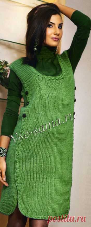 Сарафан модного зелёного цвета - Платья, юбки, сарафаны спицами