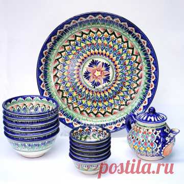 Купить Комплект Риштанской керамической посуды Синий в Ижевске | http://mir-kazanov18.ru