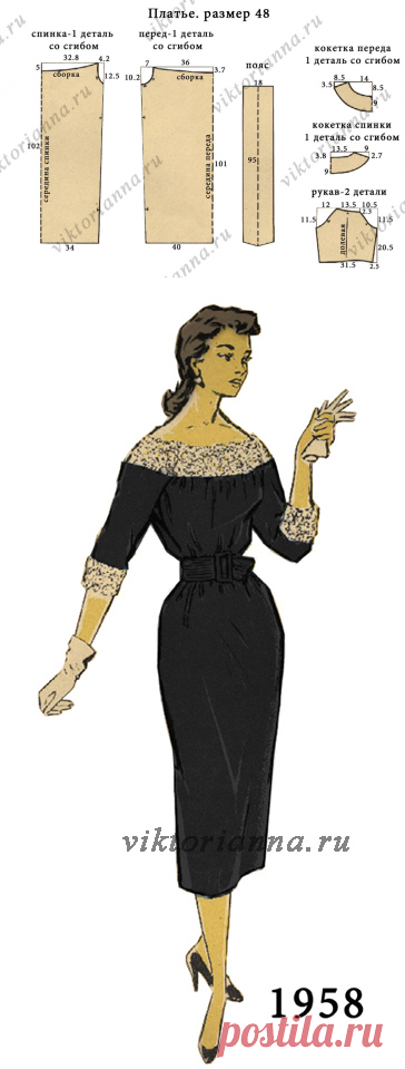 Платье на кокетке с поясом (выкройка – схема) - «Ретро стиль, мода и шитье»