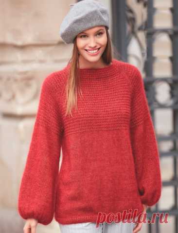 Вязаный пуловер реглан с рукавами буф