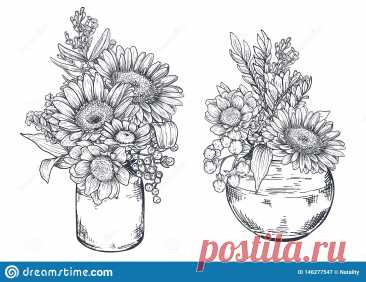 Bouquets With Hand Drawn Flowers And Plants In Vases Jars. Stock Vector 6C9