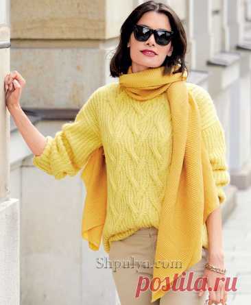 Светло-желтый пуловер с воротником-стойкой.
Размеры: 38/40 (42/44) 46/48.
