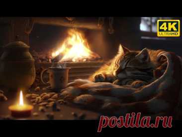 Сон с мурлыкающим котом и потрескивающим камином 4K 🔥 Расслабьтесь в уютной зимней обстановке