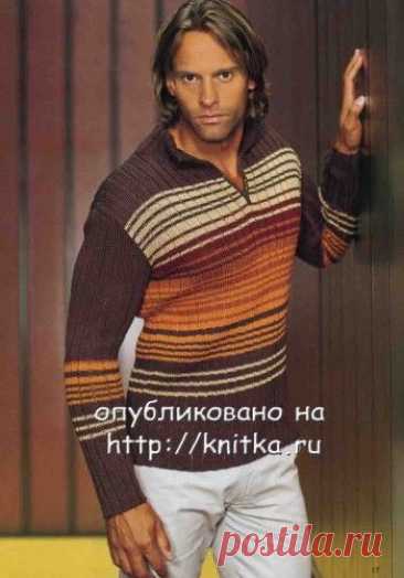 Пуловер с застежкой поло в коричневых тонах, Вязание для мужчин спицами