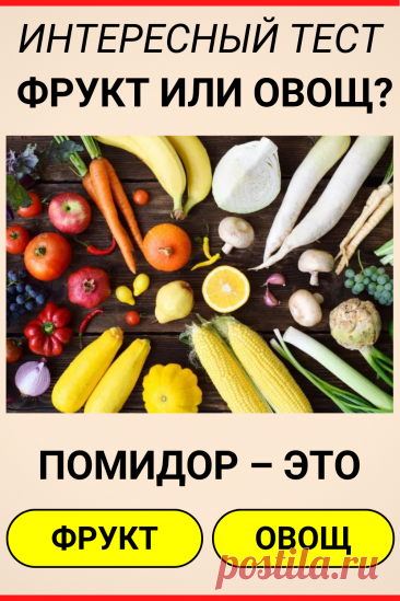 Тест: Как хорошо вы разбираетесь во фруктах и овощах?
#тест #интересные_тесты #тесты_личности #викторина #психология #психология_развития #личностное_развитие #загадки #головоломки #интересный_тест #самопознание #саморазвитие #психологический_тест