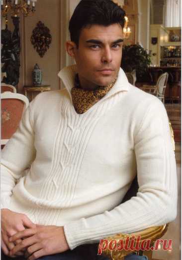 Белый мужской пуловер.
Размеры: М (L). Обхват груди: 101,5 (105) см.