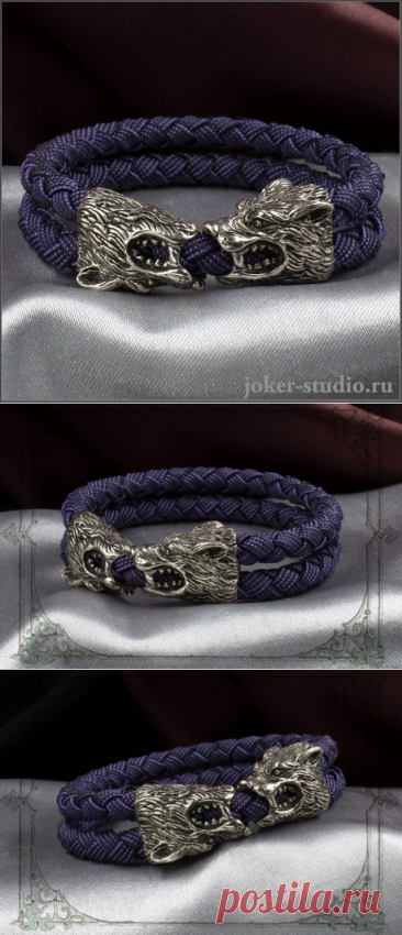 Мужской браслет с серебряными волками на шнуре фиолетового цвета в два оборота