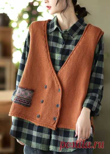 Classy Caramel V Neck button Patchwork Knit vest Spring – SooLinen